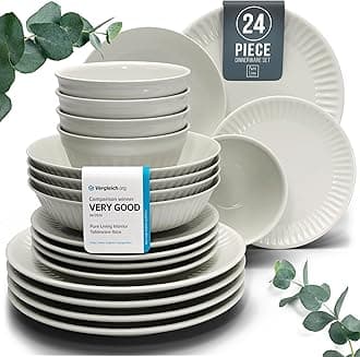 24-Piece Dinnerware Set - Bowl and Plate Set - Stoneware Dining Set for 6 People - Dishwasher and Microwave Safe - Grooved Dining Service in Beige