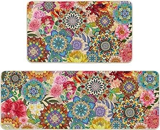 Boho Floral Kitchen Rug Set of 2, Mandala Front Floor Door Mats,Non Slip Washable Comfort for Farmhouse Sink Home Indoor Outdoor Kitchen Decor Colorful Flowers Kitchen Mat, 17"x29"+17"x47"