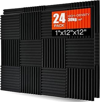 Acoustic Foam Panels 24 Pack – 1" x 12"x 12" High Density Soundproofing Wedges for Wall, Noise Absorbing and Sound-Damping, Quick-Recovery, Fire-Resistant – Perfect for Studio, Office, Gaming Room