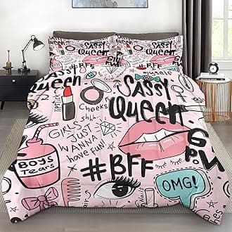 Comforter Set Queen Size, Makeup Pink Queen Soft 3 Pcs Bedding for Kids and Adults, Women Diamond Cute Comforter Set with Pillowcase, for Bedroom Bed Decor