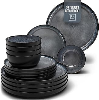 36 Piece Dinner Sets for 12 People - Beautiful Mediterranean Style Stoneware Dinner Set for 12 - Dishwasher & Microwave Safe Plates and Bowls Set for 12 - Dinnerware Sets by Pure Living in Dark Grey