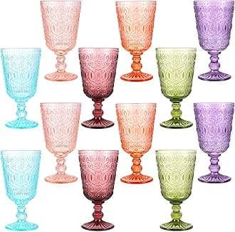 Eaasty Wine Glasses Set of 12 Vintage Goblet 9 oz Vintage Colored Glass Goblet Beverage Stemmed Glass Cups Romantic Embossed Glassware for Wedding Party Holidays Anniversary (Multi Colors)