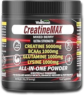 – CreatineMAX Powder - 5000mg Creatine Monohydrate, 1000mg BCAAs, Glutamine, Lysine per Serving - Sugar Free, Mixed Berry Flavour - Lean Muscle, Recovery & Endurance - 300g, 1 Month Supply