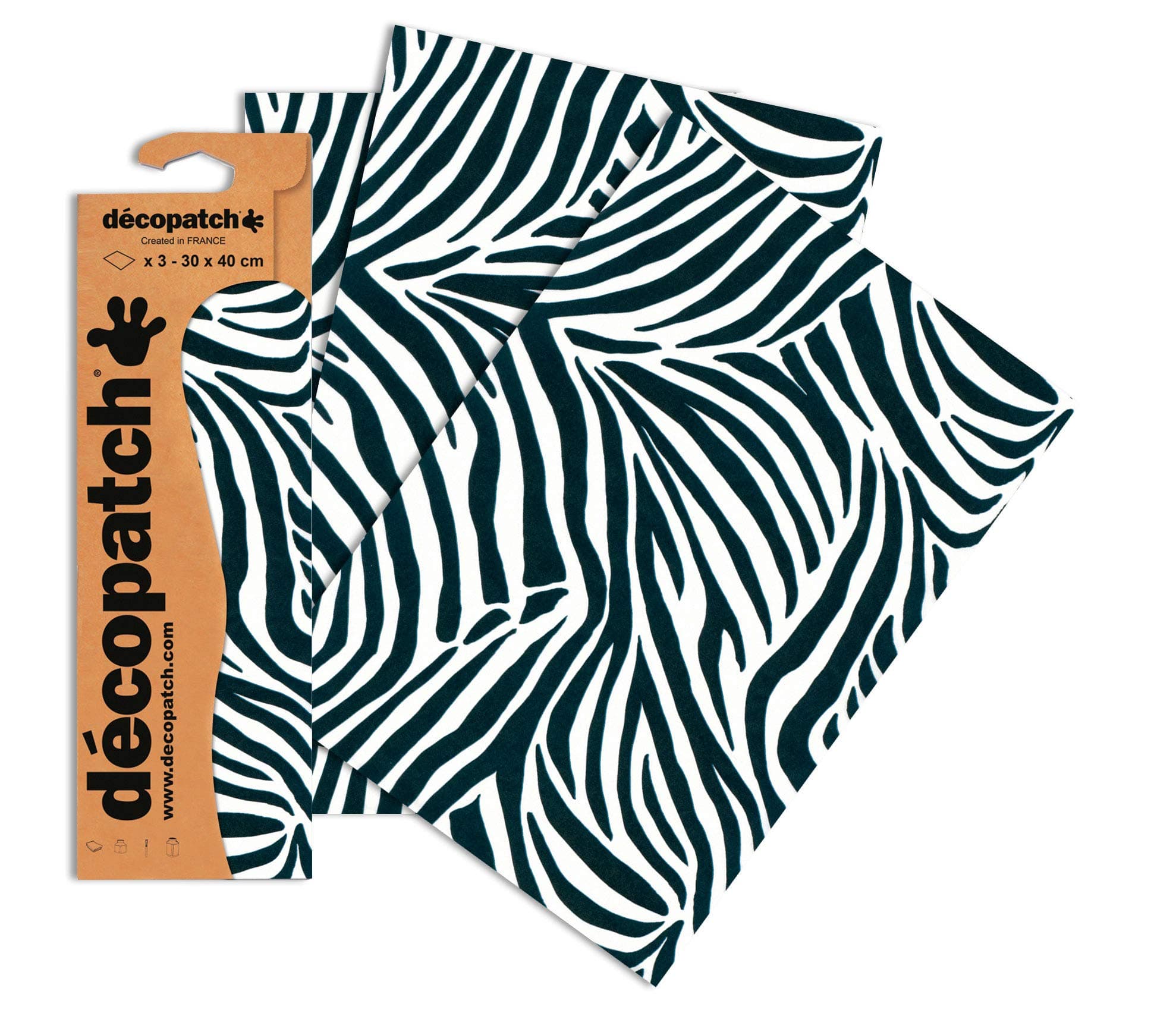 Décopatch - Ref C429O - Zebra Animal Print Paper Pack - Each Sheet 30 x 40cm, Pack of 3 Paper Sheets - Best Used With Décopach Glue & Varnish, Black & White
