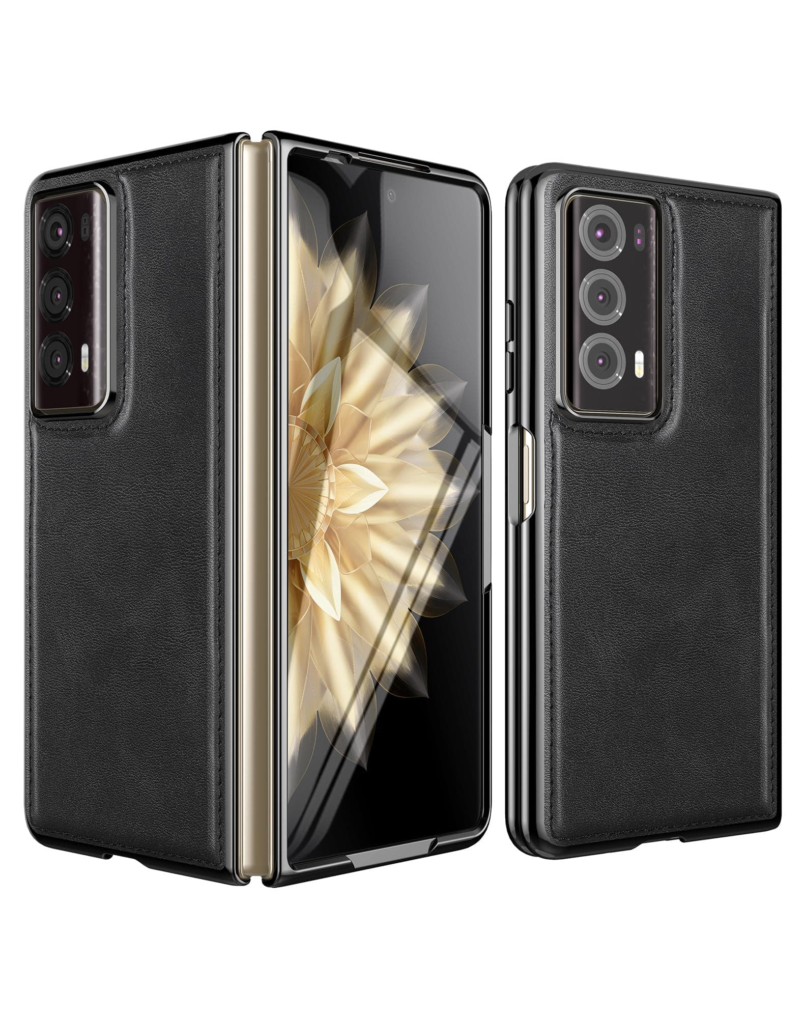 Foluu Leather Case for Honor Magic V2 2023 - Ultra-Thin Slim PU Leather + Hard PC Back Bumper, Plating Frame, Front Built-in Screen Protector, Durable Protective Cover for Honor Magic V2 (Black)