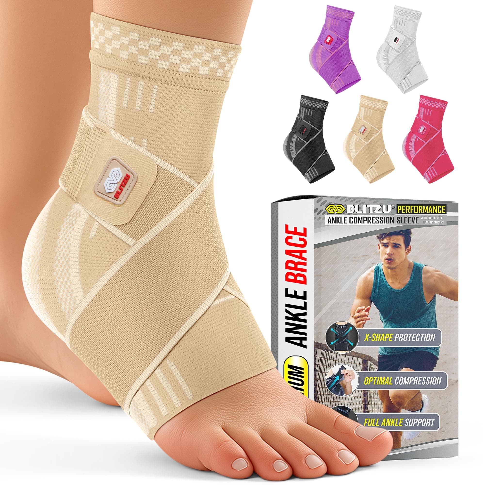 BLITZU Ankle Brace With Adjustable Compression Support Strap for Achilles Tendonitis, Joint Pain Relief. Ankle Wrap for Women & Men. Sprained Ankle Protectors Sleeve for Heel Pain Foot Arch Nude XL