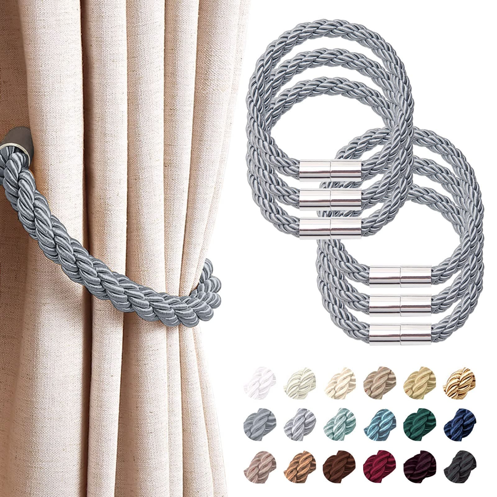 NICEEC 6 Pack Strong Magnetic Curtain Tiebacks Modern Simple Style Drape Tie Backs Convenient Decorative Weave Rope Curtain Holdbacks for Thin or Thick Home & Office Window Draperies (Dark Grey)