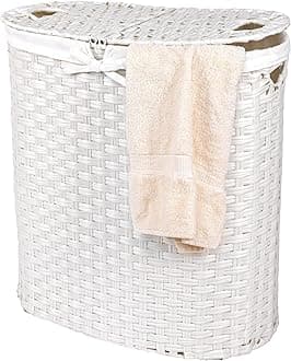 Seville Classics Premium Handwoven Portable Laundry Bin Basket with Carrying Handles, Household Storage for Clothes, Linens, Sheets, White, Oval Hamper