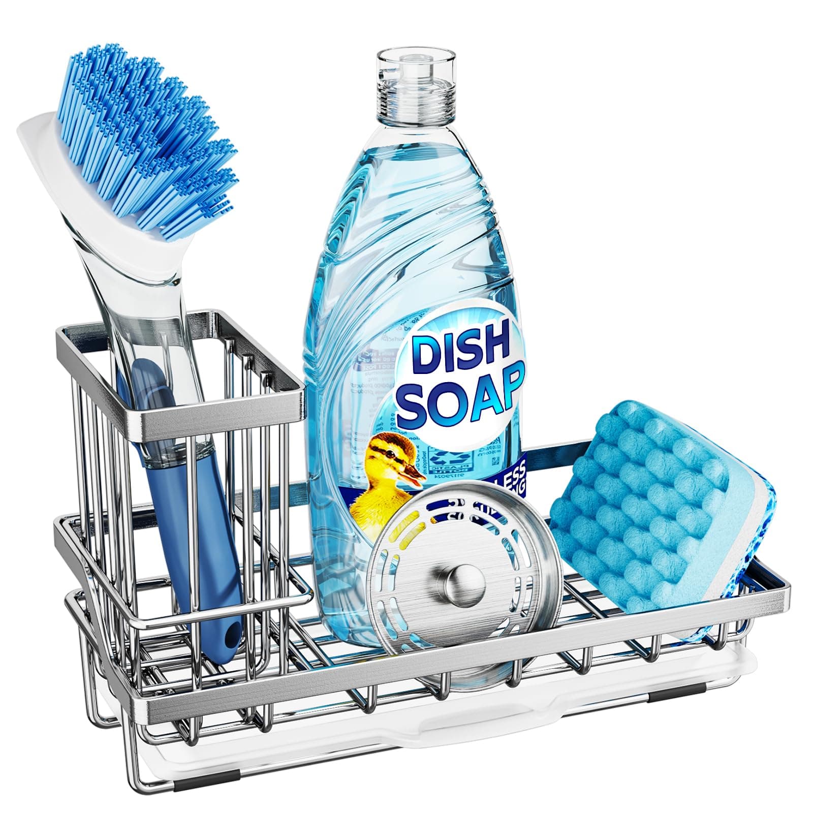 Consumest Sink Caddy, Kitchen Sponge Holder with Dish Brush Holder, Kitchen Organizer with Drip Tray for Countertop, Stainless Steel Rustproof - Silver