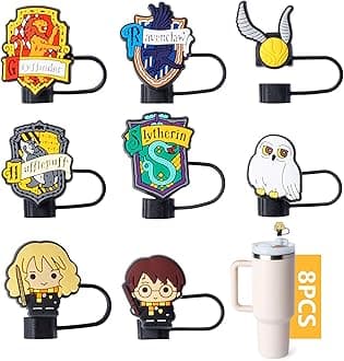 8-Piece Harry Straw Covers for Stanley Cup, 0.4in/10mm Diameter Straw Toppers Cap,Compatible with Stanley 20 30&40 0z Cup, Dust-Proof Straw Caps for Water Bottle…, standardized, Black