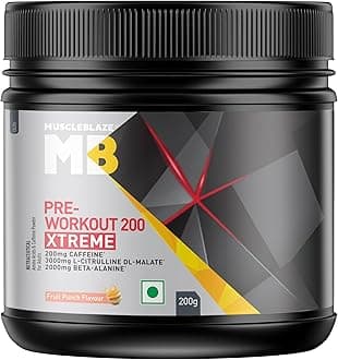 MuscleBlazePre Workout 200 Xtreme, 200mg Caffeine, 200mg Theanine, 2000mg Beta Alanine, 3000mg Citrulline (Fruit Punch, 200 g, 30 Servings), Powder