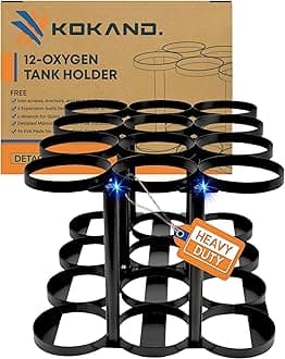 Premium/Detachable Oxygen Tank Holder (12) for E, D, M9/C Size Cylinders - Heavy Duty Metal Storage Rack - Portable Oxygen Tank Carrier for Travel & Vehicle Use (Black) (4.5" Wide Slots)