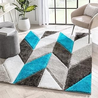 Modern Geometric 3D Textured Thick and Soft Shaggy Fur Carpet & Rugs (6x8 Feet, Rectangular Shape - Medium Size, Colour - Turquoise Silver Charcoal)