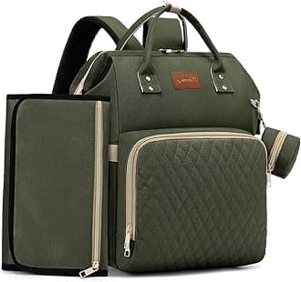 Diaper Bag Backpack with Changing Pad, Pacifier Case, Baby Bag for Boy Girl Toddler - Large, Stylish, Waterproof Travel Quilted Diaper Bag for Mom - Baby Shower - Army Green