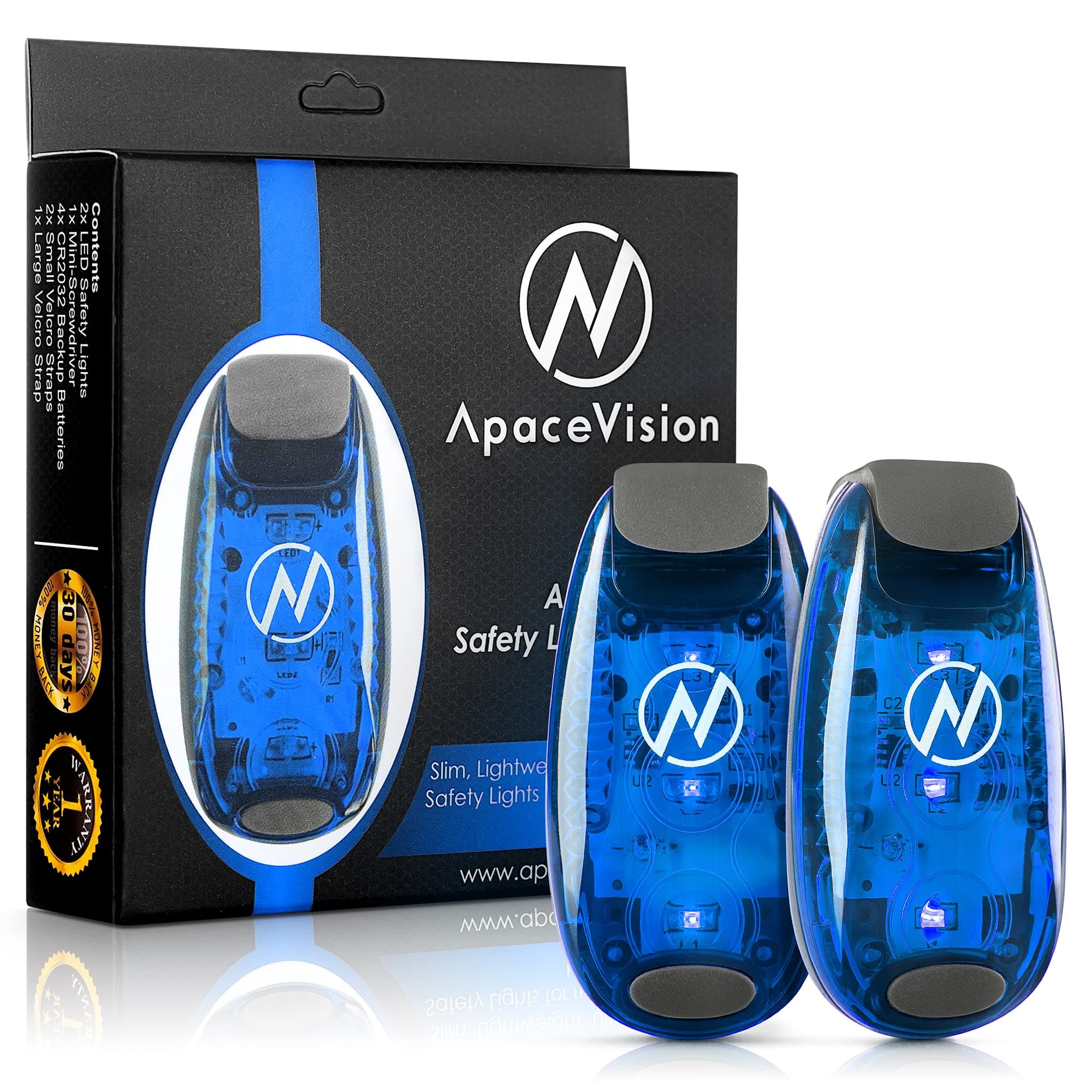 Apace Vision LED Safety Light (2 Pack) with Bonus Items – Clip On Strobe/Running Lights for Runners, Dogs, Bikes, Walking and More