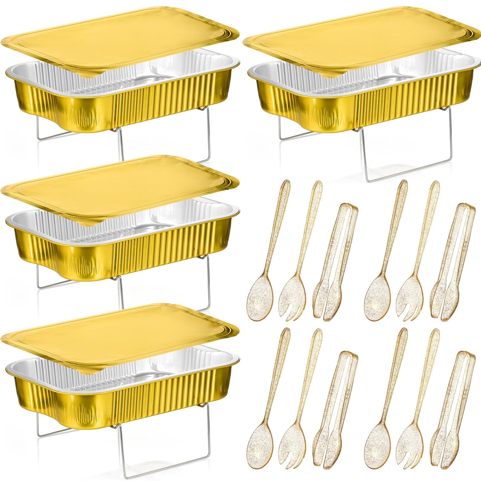 4 Sets Disposable Chafing Dishes Buffet Set Chafer Wire Racks Buffet Stand Kit Dish Serving Trays Food Warmer Catering Supplies Included Serving Utensils and Stand (Large)