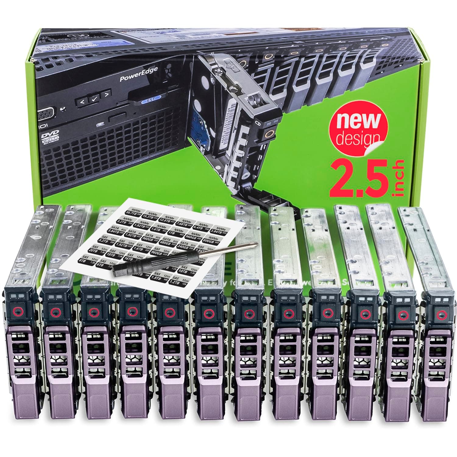 - 12-Pack 2.5" Drive Caddy - G176J Compatible for Dell PowerEdge Servers T440 T640 R430 T430 R630 T630 R730xd R830 R930 T620 R720 R820 - Sled Sticker Labels - Manual - Additional Tray Screws