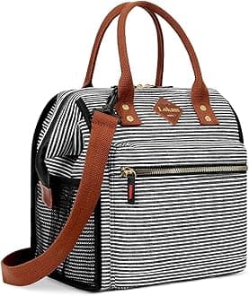 LOKASS Lunch Bag Insulated Lunch Box Wide-Open Lunch Tote Bag with Removable Shoulder Strap for Women/Men Adults Work Picnic Beach Travel(Stripes)