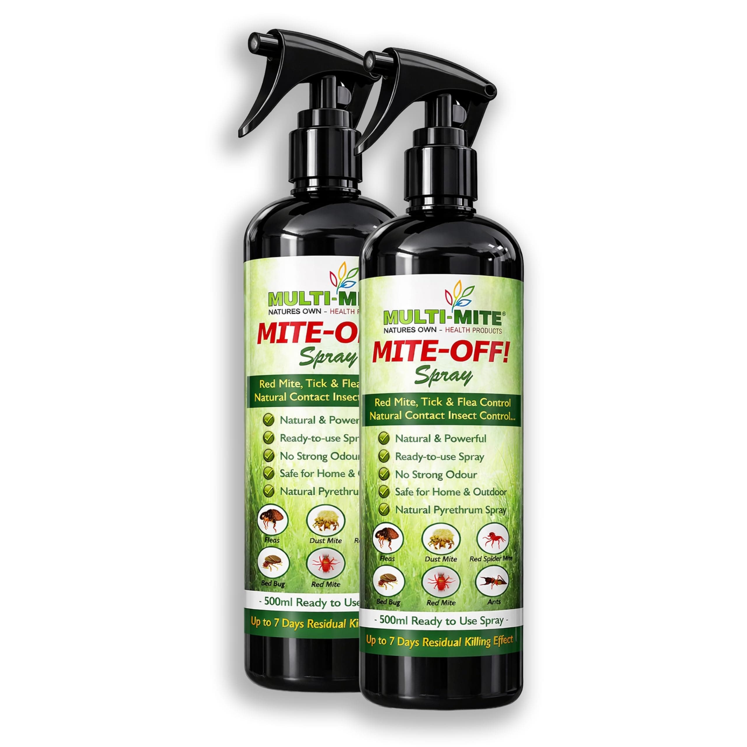 Multi-Mite Flea Mite Pyrethrum Spray 2 X 500ml MITE-Off! All Mite Killer - Bed Bug, Carpet Moth Ready to Use Large Spray Residual Killing 7 Days - 100% Natural Product