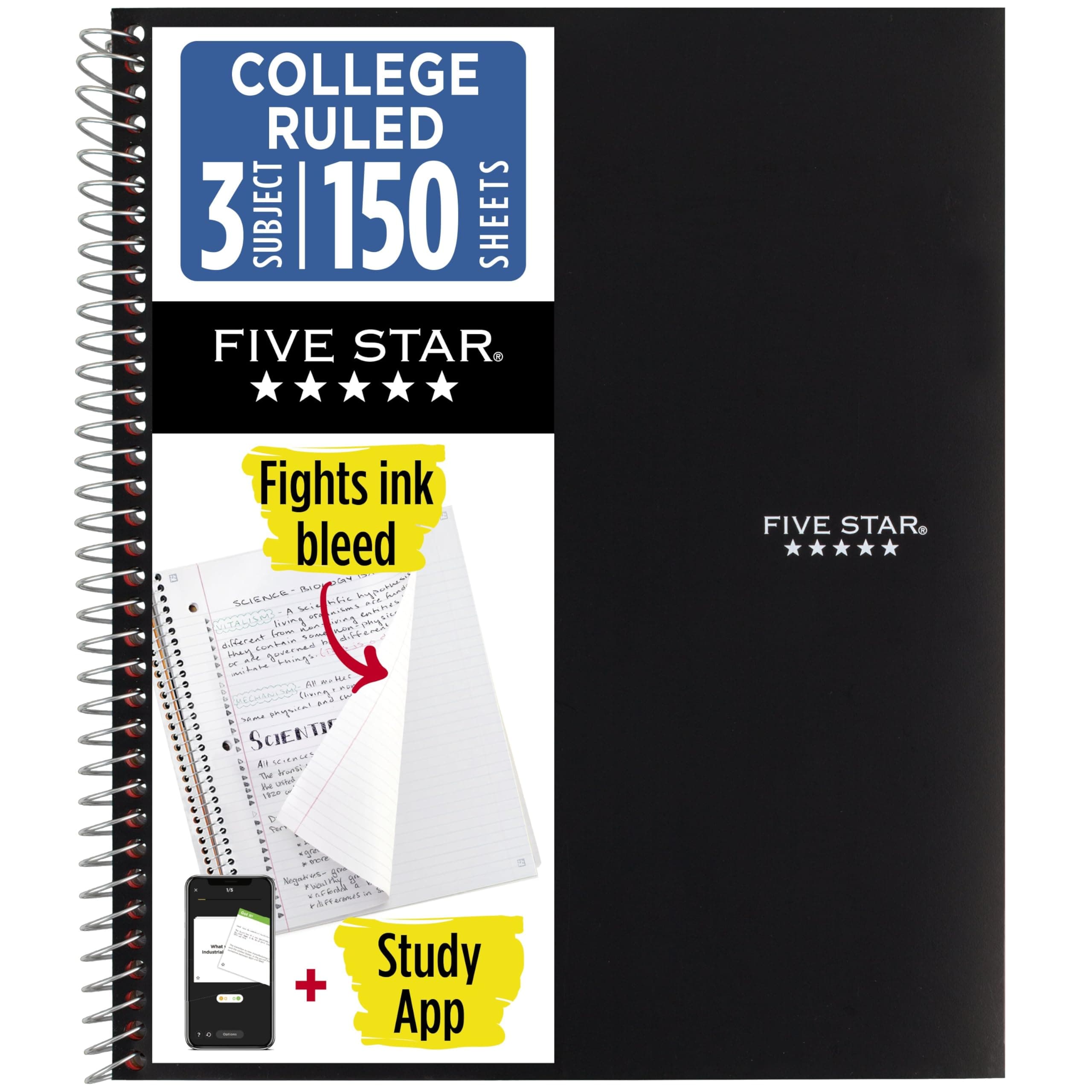 Staples Five Star 3-Subject Wirebound Notebook, 8-1/2 X 11, College Ruled, 150 Sheets, Black (72069)