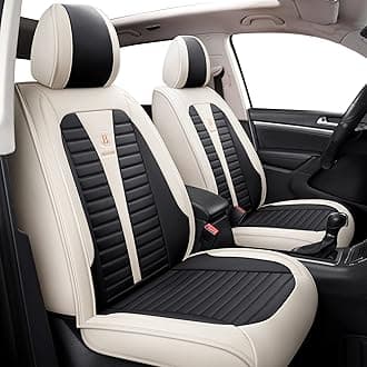 Isen-CoverAuto 1 Pair Leather Car Seat Covers Automotive Vehicle Cushion Cover for SUV Pick-up Truck Universal Fit Set for Auto Interior Accessories (Beige&Black-2)