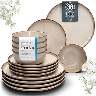 PURE LIVING INTERIOR DESIGN Stoneware Crockery Set 12 People Rustic 36-Piece Country House Style Test Very Good Stoneware Crockery Set - Bowl and Plate Set - Dinner Service for 12 People in Beige