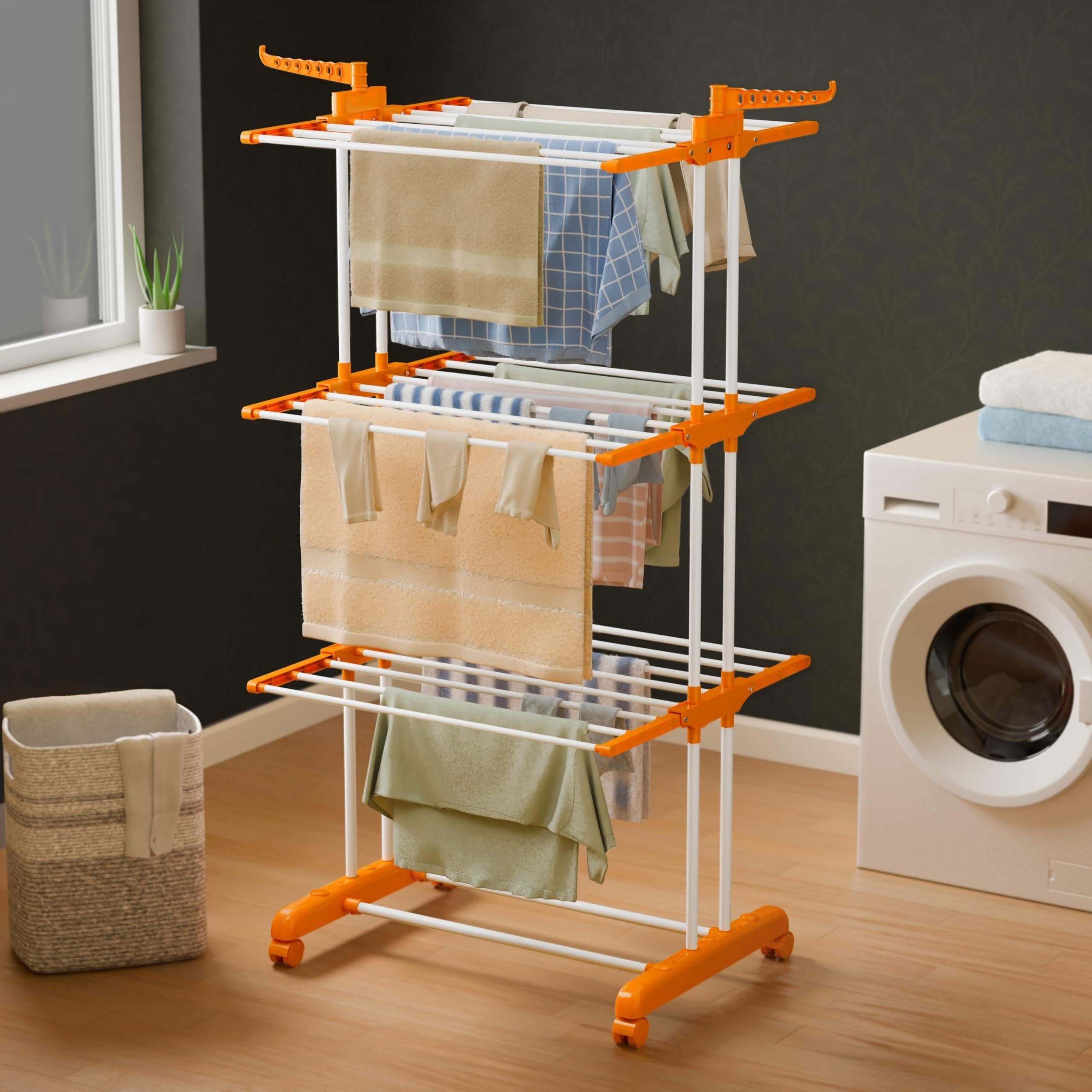 Premium Double Supported 3 Layer Cloth Drying Stand With Breaking Wheels, Prince Jumbo (Orange)