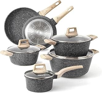 Carote Nonstick Granite Cookware Sets 8 Pcs Stone Cookware Set,non stick frying pan set, pots and pans set (Granite, induction cookware)