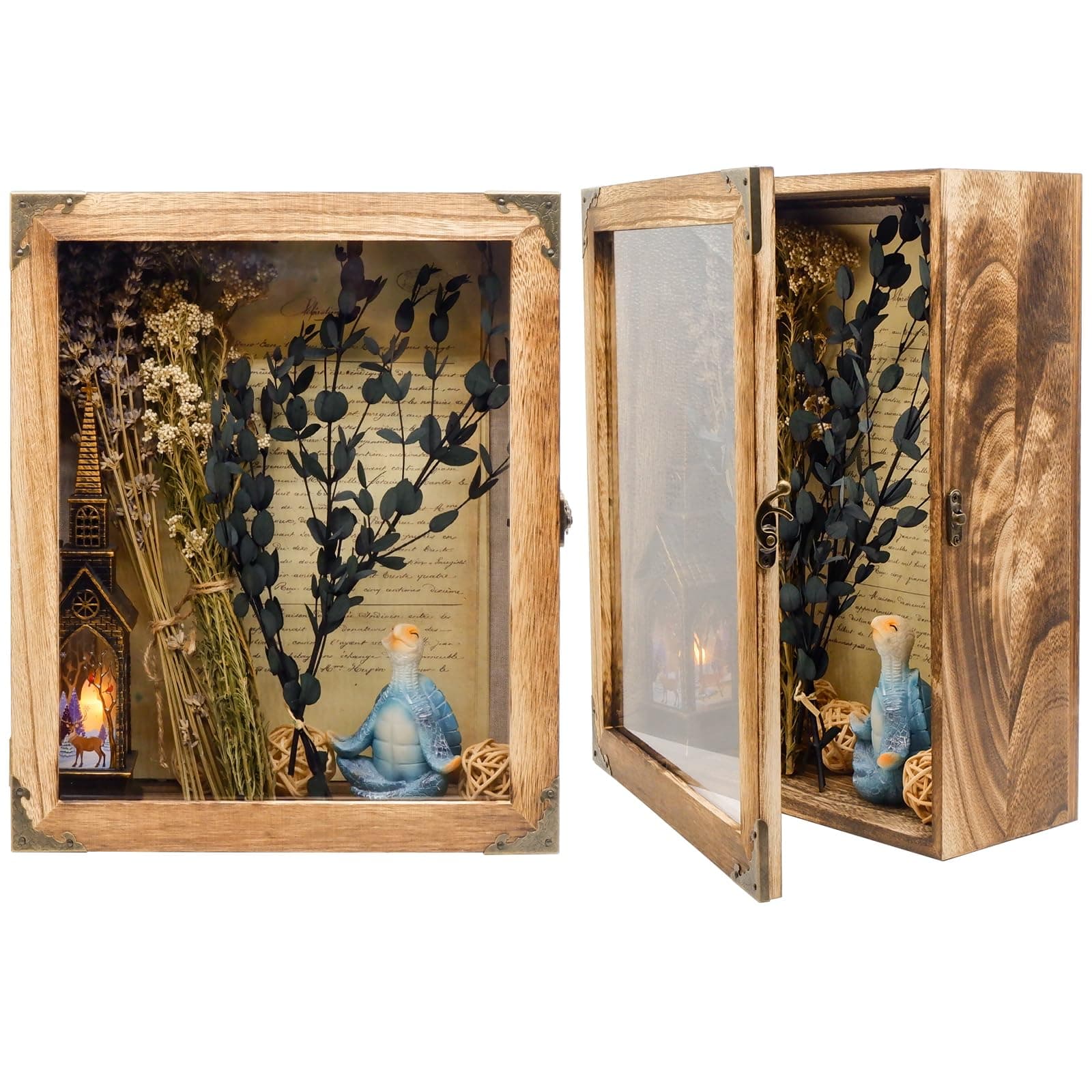 - 11 x13 Shadow Box Frame, Sturdy Rustic Memory Display Case with Linen Back and Acrylic Door, Picture Frame Wedding Bouquet Memorabilia Medals Photos