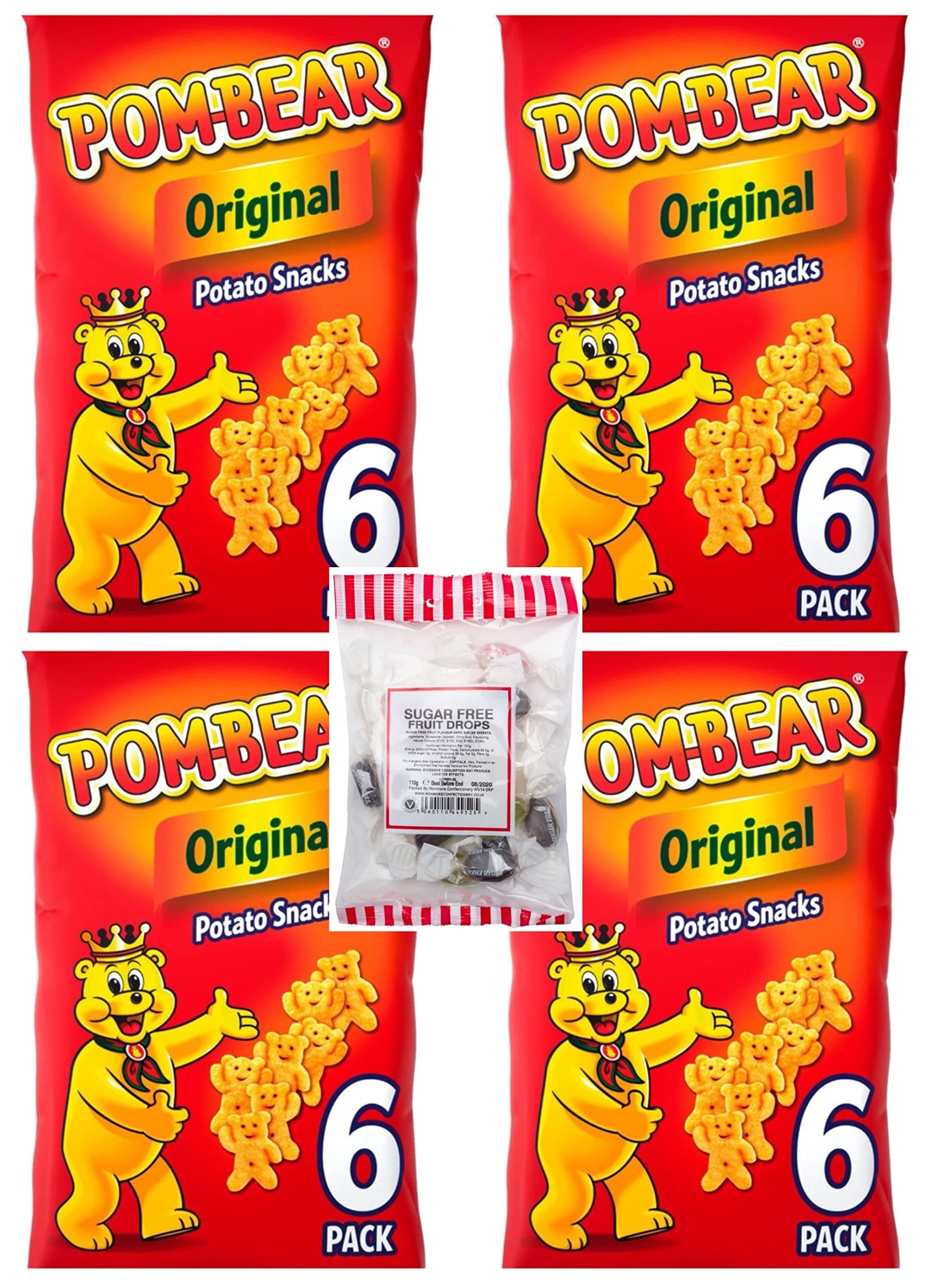 Pom-Bear Crisps 4 x multi 6 Packs Just Original Ready Salted Flavour Gluten Free Potato Snacks + Sugar Free Fruit Drop Sweets Ideal School Lunch Box Picnic Car Journey