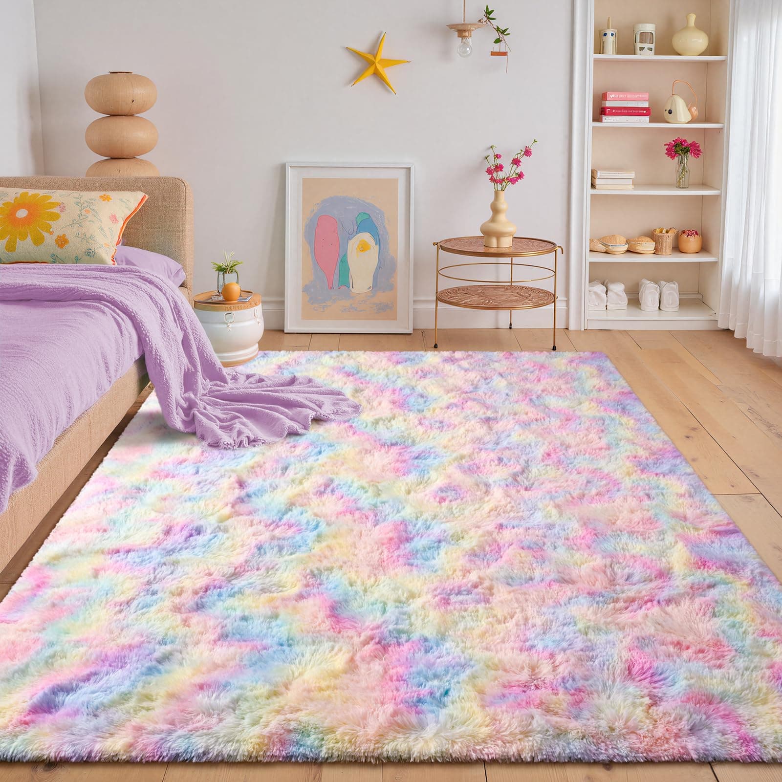 junovo 4x6 Washable Area Rug for Girls Bedroom Living Room, Tie-Dyed Rainbow Soft Non-Slip Fluffy Rugs, Shag Plush Memory Foam Carpet for Kids Room Baby Nursery Home Decor