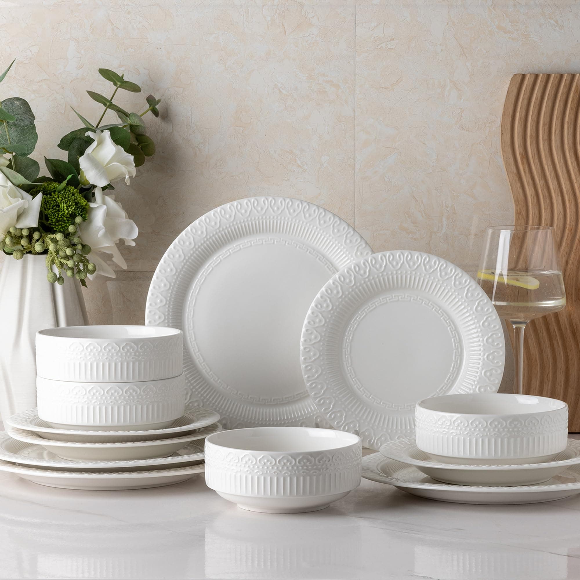 AmorArcCeramic Dinnerware Sets for 4, 12 Pieces White Plates and Bowls Set with Embossed Royal Pattern, Scratch Resistant Stoneware Dish Sets for Dinner, Dishwasher & Microwave Safe