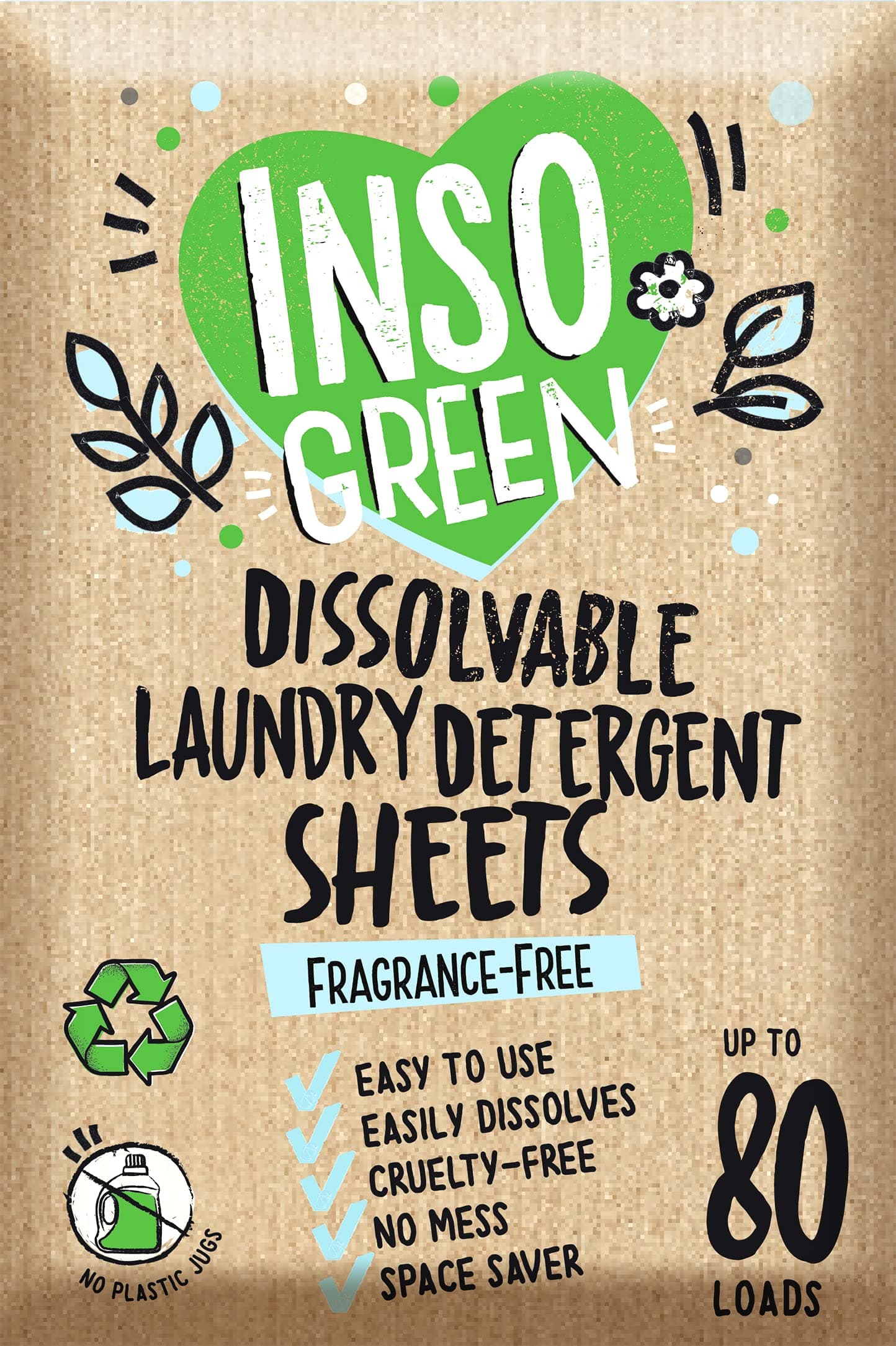 InsoGreen Unscented Laundry Detergent Sheets - 40 Eco Sheets for Up to 80 Loads - Fragrance-Free, Zero Plastic Packaging, Travel Laundry Detergent