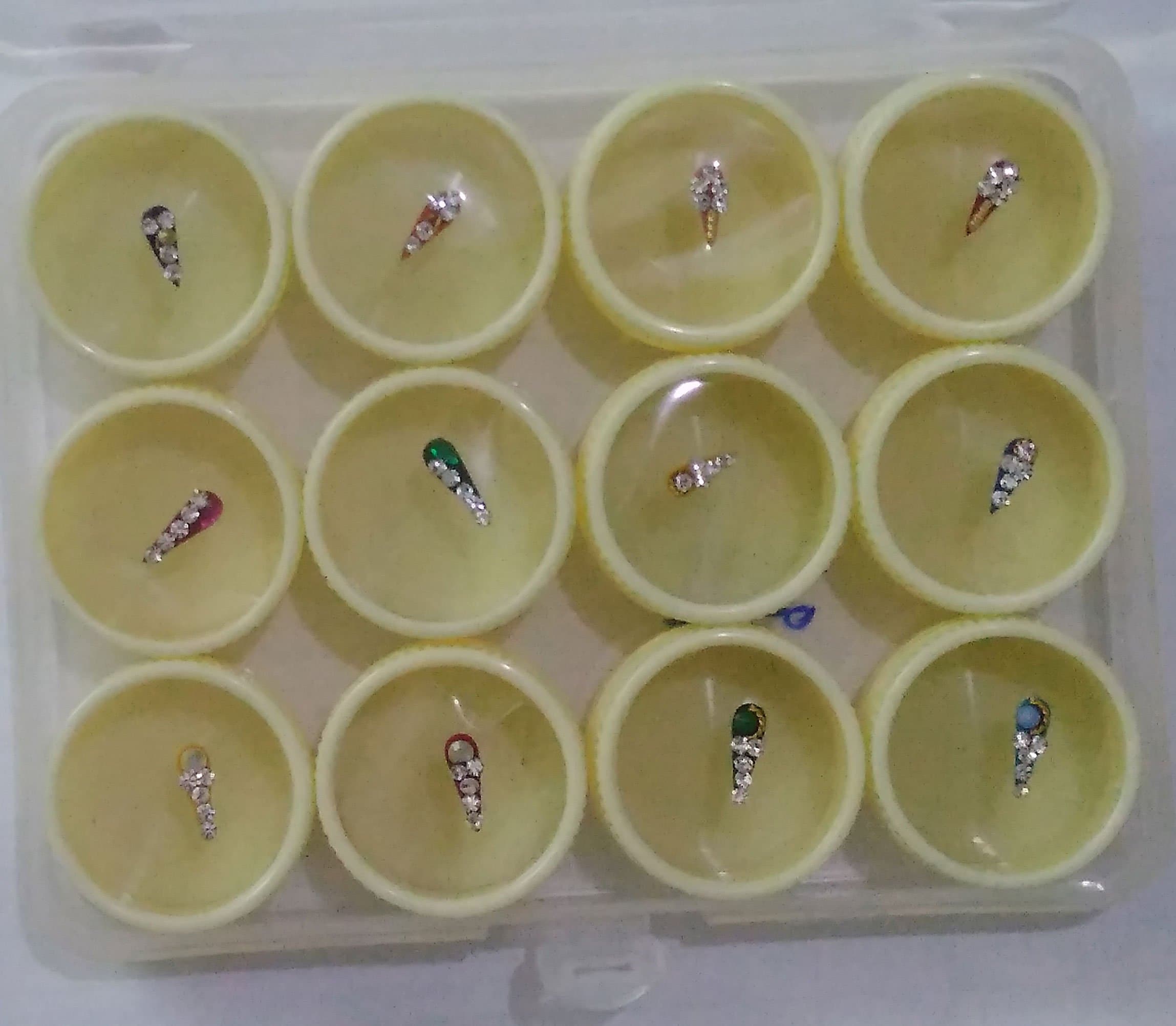 12 Bindi Box Drop Shape Multicolored Crystal Bindis Bridal face Jewels (BC-2)