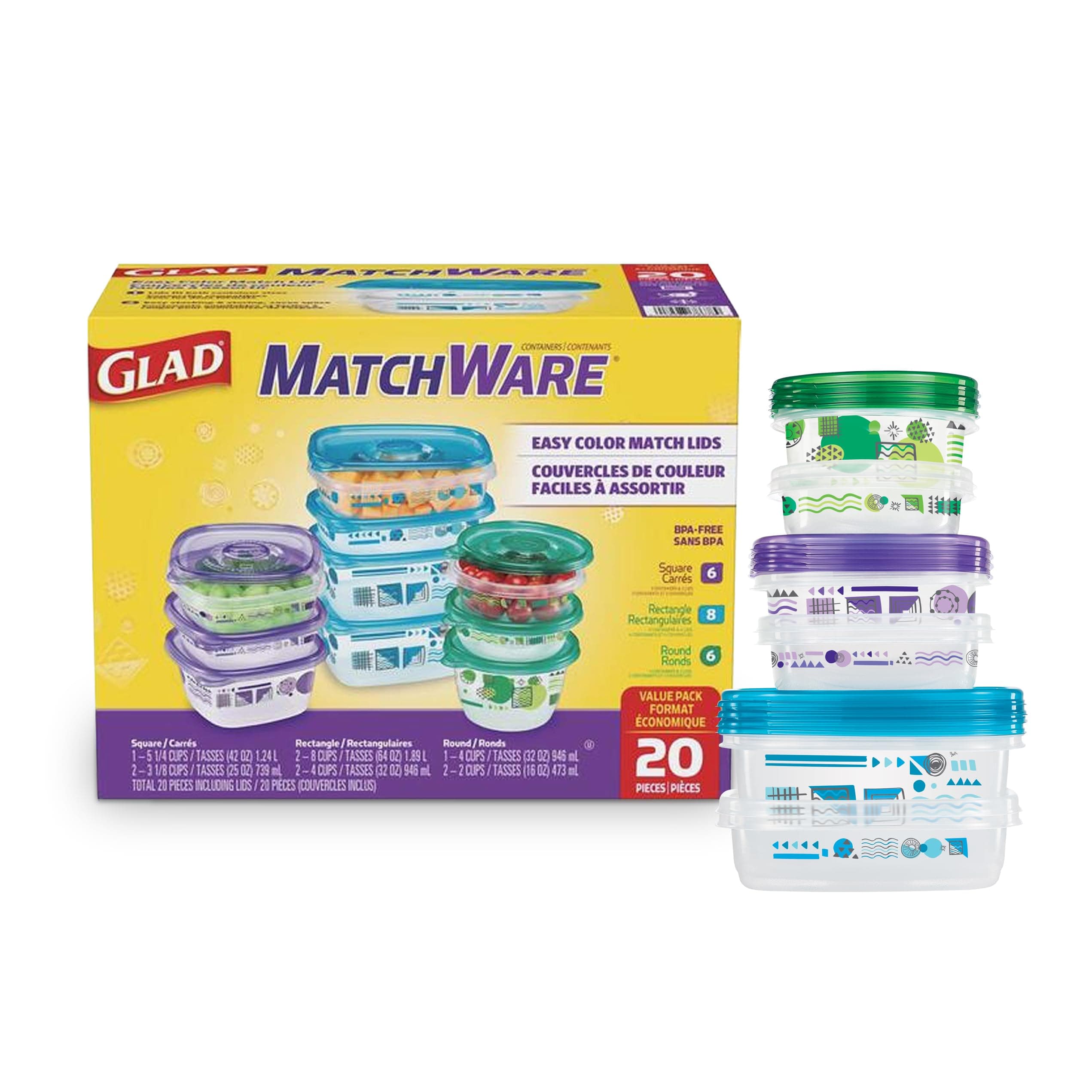 GladWare Matchware Food Storage Containers, Value Pack With Easy Color Match Lids, 20 Count Set | With Glad Lock Tight Seal, BPA Free Containers and Lids