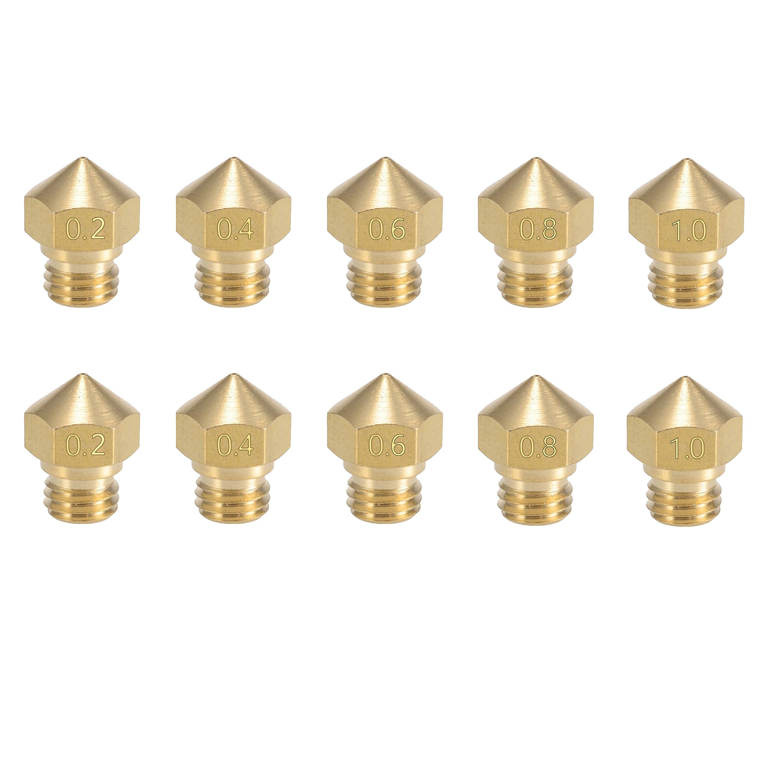 MK10 Nozzle Multi Size for 3D Printer Makerbot Parts (0.2mm 0.4mm 0.6mm 0.8mm 1.0mm) M7 Thread Brass Nozzle for Extruder Hotend 2 Pieces of Each Size 10 Pieces in Total