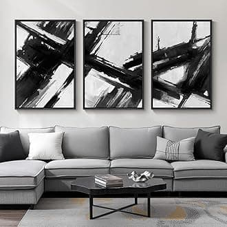 Large Framed Black and White Abstract Canvas Wall Art for Living Room, 3 Piece Modern Prints Paintings Artwork for Walls, Minimalist Abstract Brushstroke Pictures for Hallway Dining Office Wall Decor 24x36 Inch