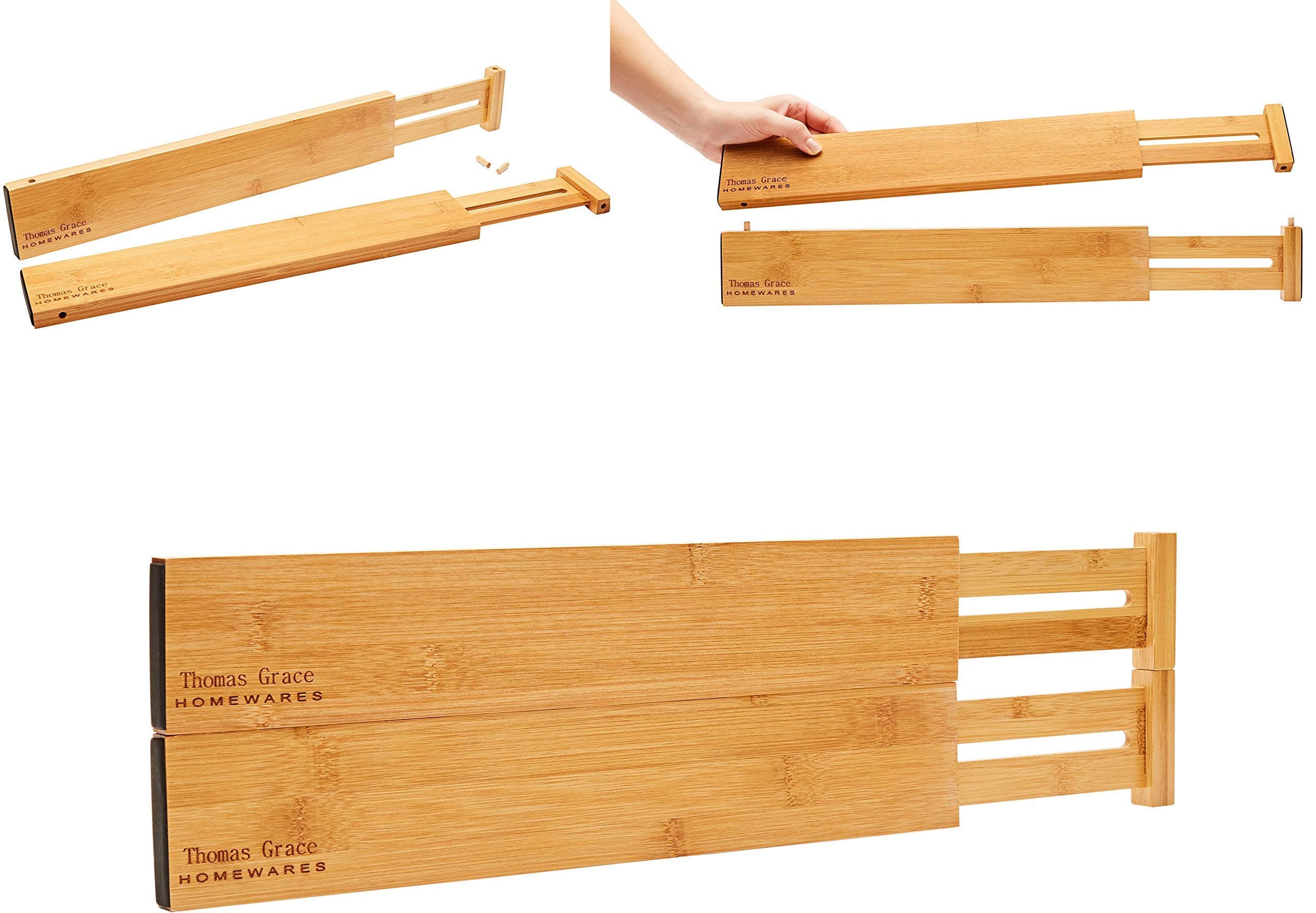 Bamboo Kitchen Drawer Organizer Divider Stackable for Deep Drawers. (Set-of- 4) Spring Loaded Dividers that are Expandable & Adjustable. Kitchen Organizer.
