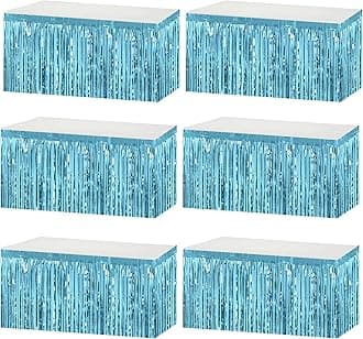 AIKENLIN 6 Pack 29x108 Inch Metallic Foil Fringe Tinsel Table Skirts Banner for Rectangle Tables Streamer Garland Backdrop for Wedding, Birthday, Parade Floats, Halloween Party Decoration(Light Blue)
