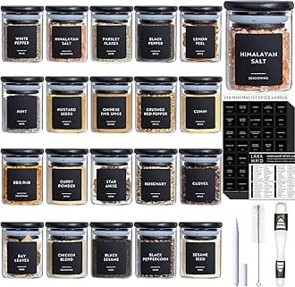 Laramaid 2.5oz 20Pack Spice Jars with Black Vinyl Spice Labels, Round Jars with Black Bamboo Lids, Minimalist Premium Labels, Adjustable Measuring Spoon and White Pen, Storage Container Canisters