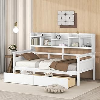 Wood Daybed with with Bedside Shelves and Two Drawers, Twin Size Sofa Bed Frame for Kids Teens Adults, No Box Spring Needed White