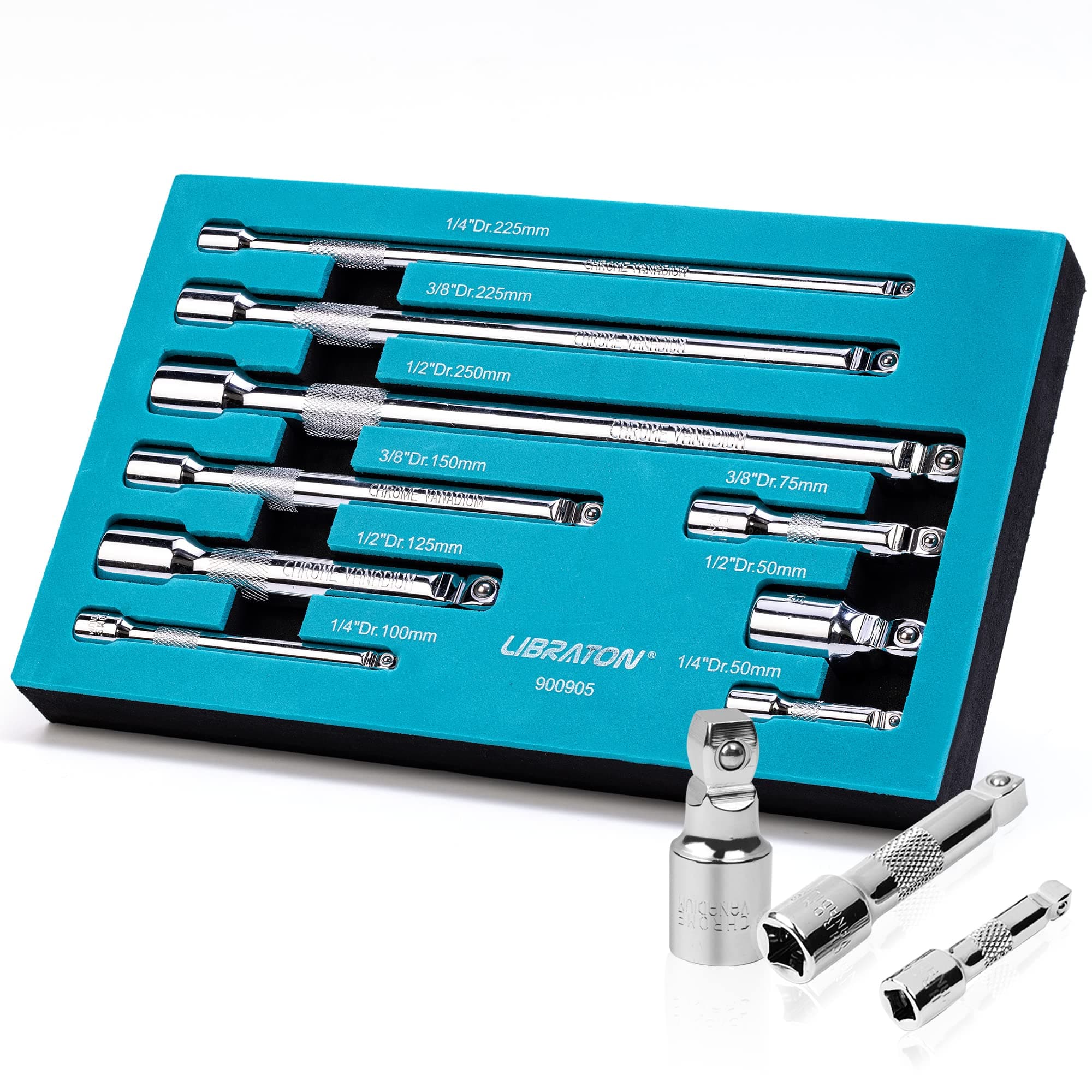 Wobble Extension Bar Set 9PCs, Wobble Socket Extensions, 1/4 3/8 1/2 Drive Socket Extension, Chrome Vanadium Steel with Chrome Plated in EVA Storage Tray