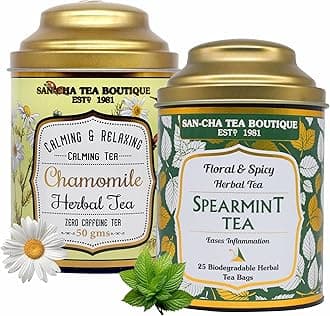 - Sancha Tea Boutique, Combo Pack, Chamomile Herbal (50g Loose Flowers) & Spearmint Herbal (25 Pyramid Bags), Caffeine Free Floral & Mint Tisanes, Traditionally Valued for Calm & Refreshment
