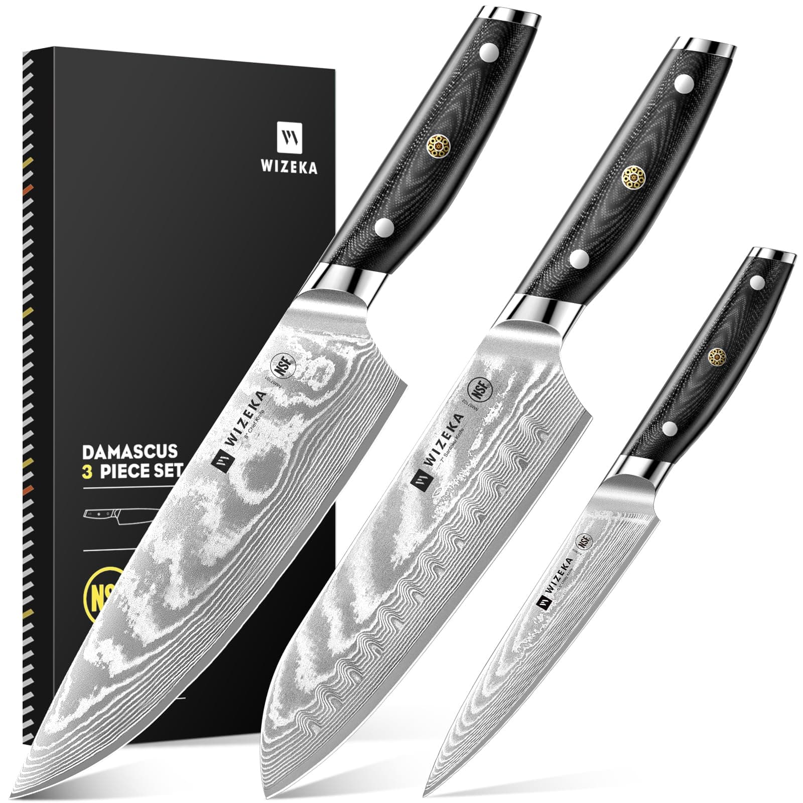 WIZEKA Damascus Chef Knife Set: 3 PCS,Super Sharp Kitchen Knives: Made of Japanese Steel VG10: Full Tang Professional Chef Knife Set With G10 Ergonomic Handle