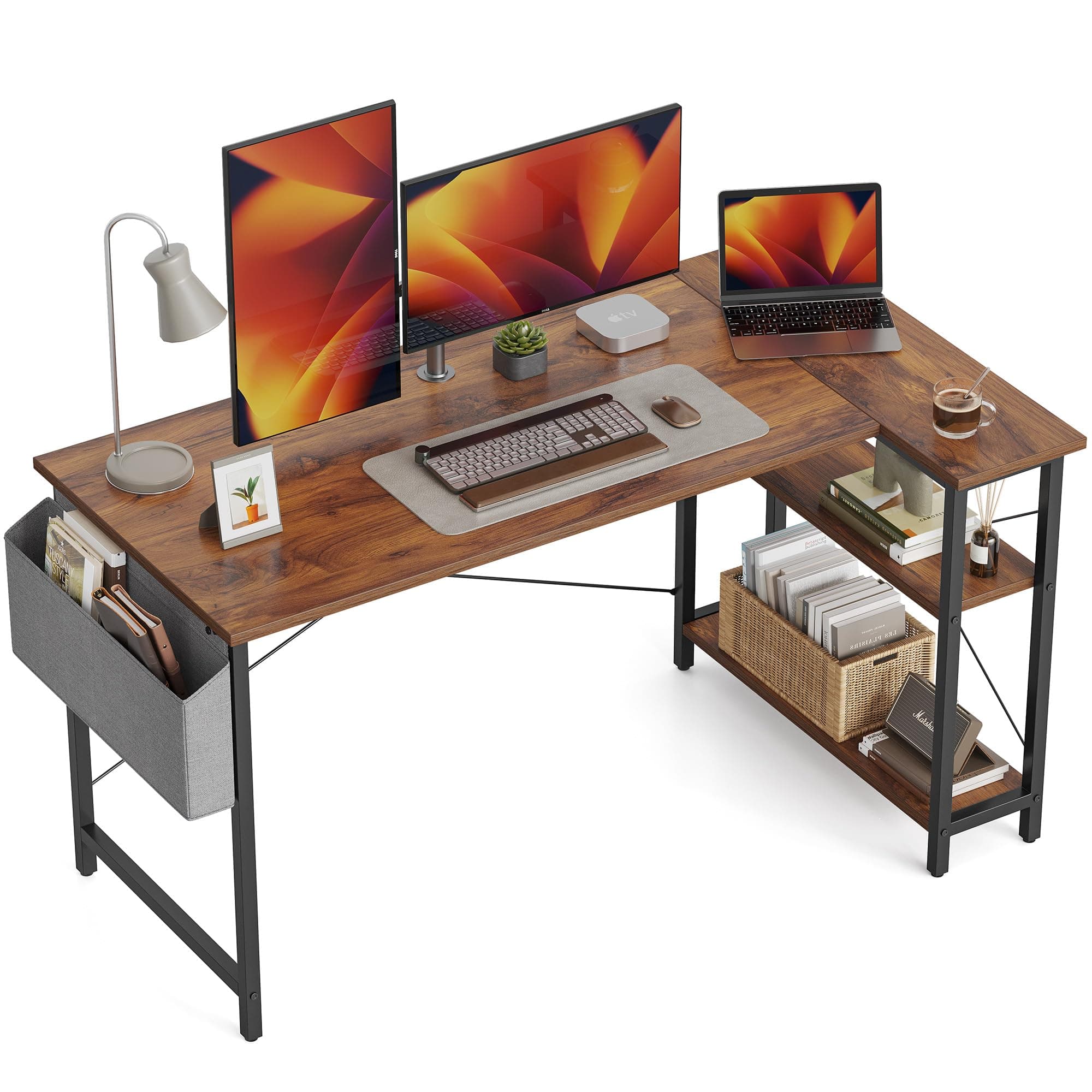 CubiCubi 140 cm Small L Shaped Computer Desk with Storage Shelves Home Office Corner Desk Study Writing Table, Rustic Brown