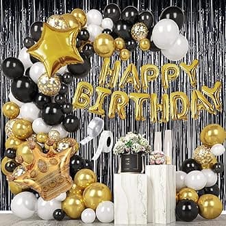 Party Propz Happy Birthday Decoration Kit- 56Pcs, Golden Happy Birthday Foil Balloon, Happy Birthday Banner, Foil Curtain,Black,Gold & White Balloons For Decoration