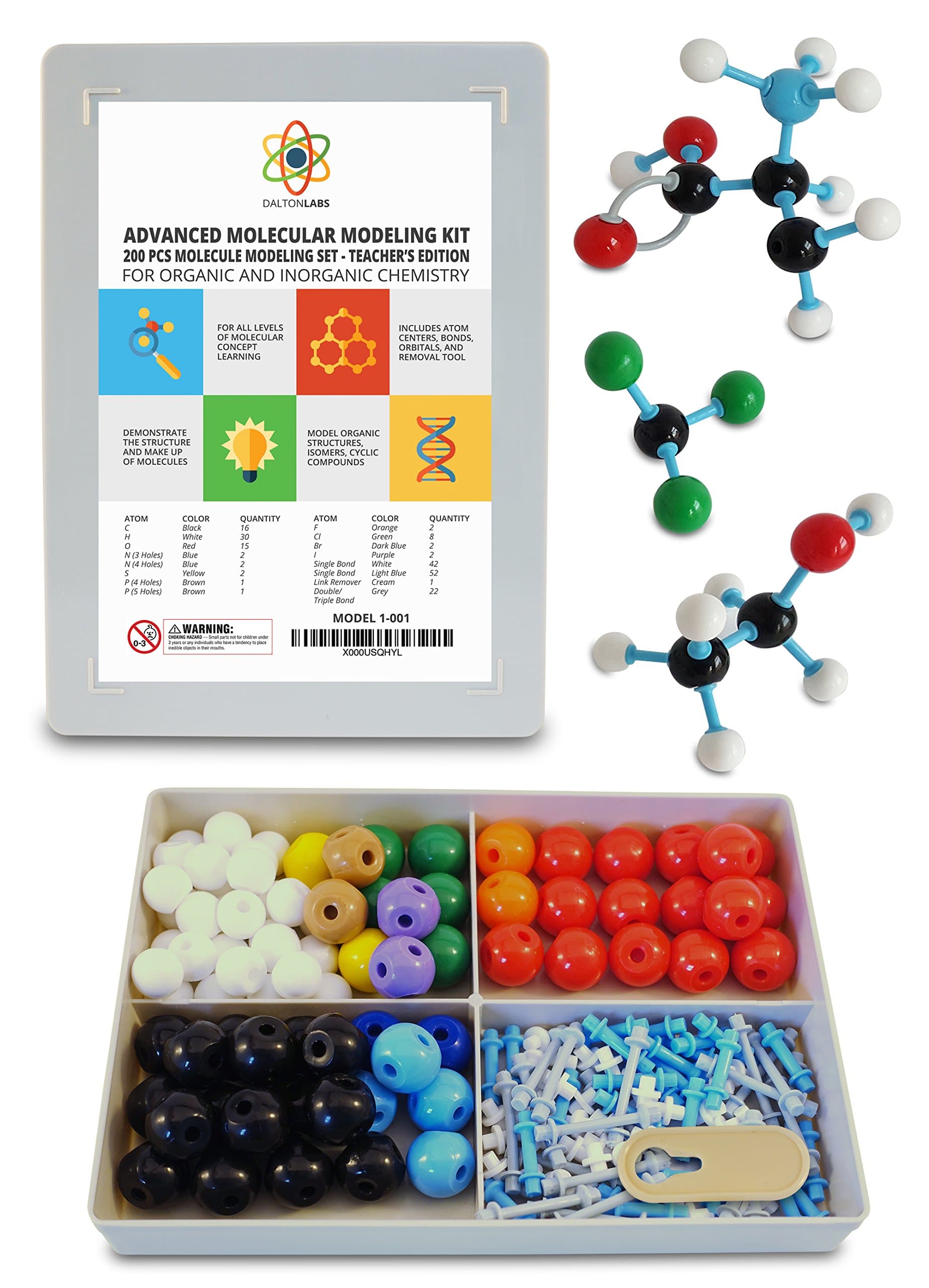 Molecular Model Kit with Molecule Structure Building Software - Dalton Labs Organic Chemistry Set - 200pcs Teacher Edition - Atoms, Bonds, Orbitals, Links - Advanced Learning Science Educational Toys