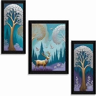 SAF deer Paintings for Wall Decoration - Set Of 3, 3d modern art Painting for Living Room Large Size with Frames for Home Decoration, Hotel, Office painting 75 cm x 50 cm SAL36041