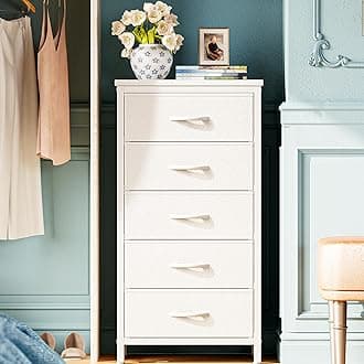 Huuger Tall Dresser for Bedroom, 5 Drawer Dresser & Chests of Drawers, for Closet, Bedroom, Night Stand, End Table with Metal Frame, Storage Tower with Fabric Bins, PU Leather, White