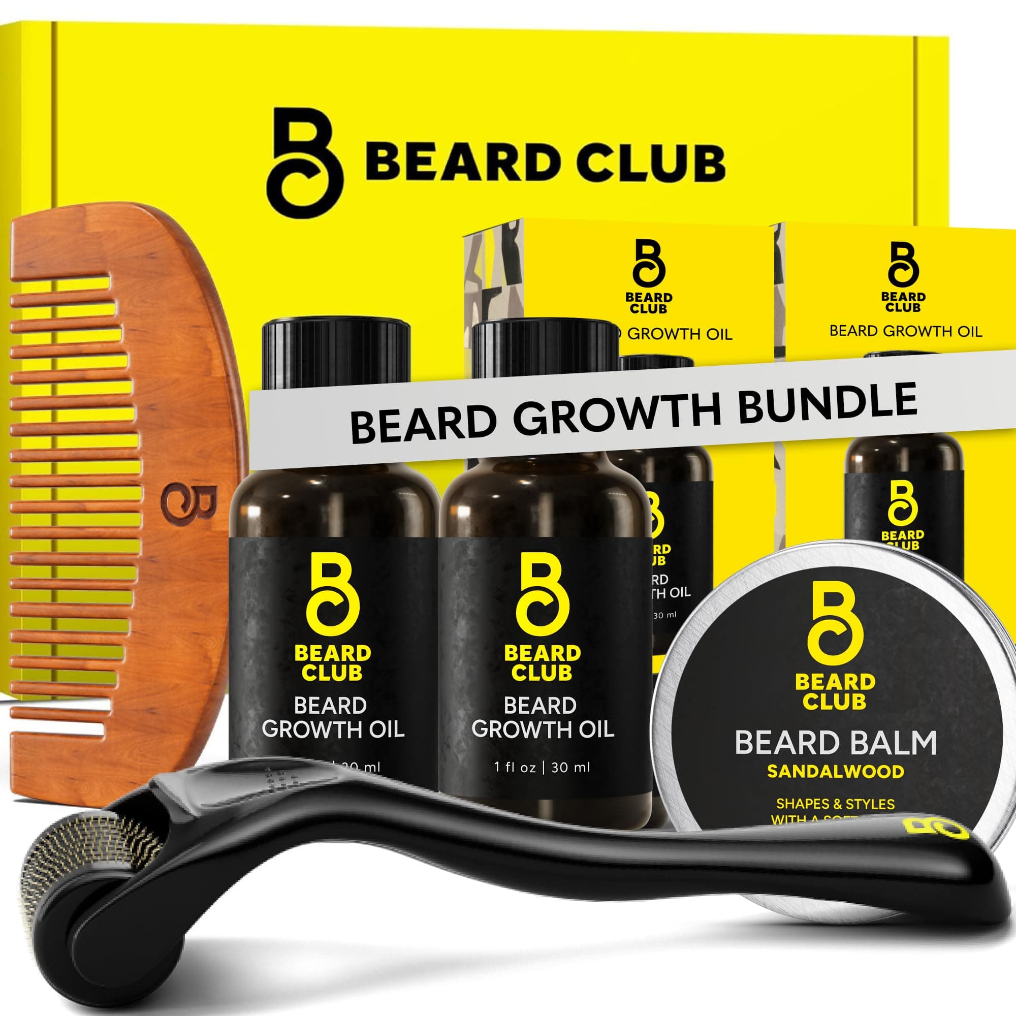 The Beard Club Enhanced Beard Growth Kit - Derma Roller, Beard Growth Oil (2PK), Sandalwood Beard Balm, Comb - Gift Set